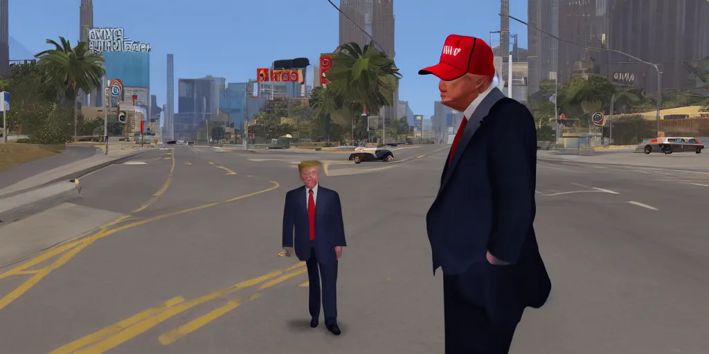 Image similar to donald trump in grand theft auto loading screen, detailed, award - winning, perfect, atmospheric