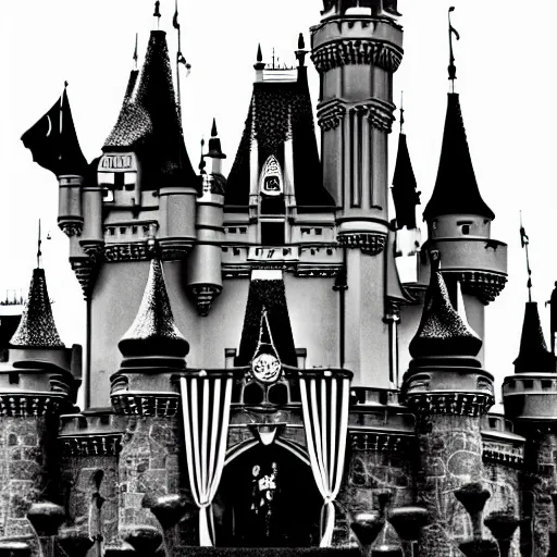 Image similar to the Disney castle made of skulls and bones, nightmare, black and white