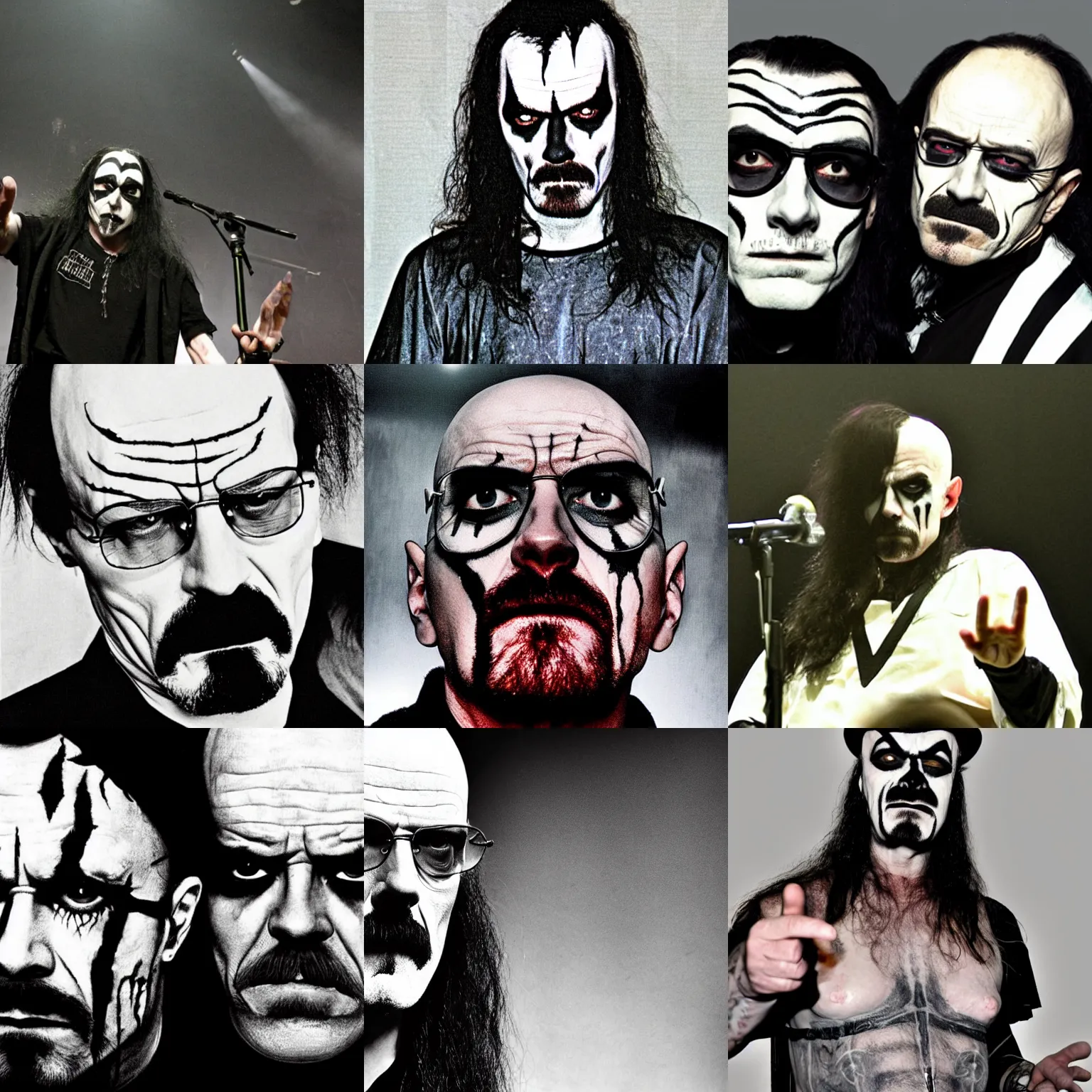 Prompt: Walter White wearing corpse paint, performing in black metal concert