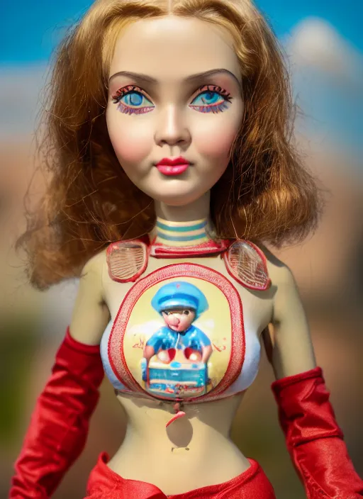 Image similar to closeup profile portrait of tin toy russian girl soviet test pilot, bikini, depth of field, zeiss lens, detailed, symmetrical, centered, fashion photoshoot, by nicoletta ceccoli, mark ryden, lostfish, breathtaking, 8 k resolution, extremely detailed, beautiful, establishing shot, artistic, hyperrealistic, octane render