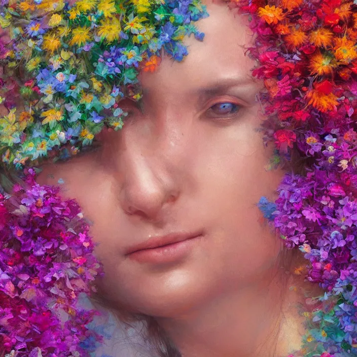 Image similar to portrait of women hugging made of colorful rainbow fractal flowers hugging , closeup character portrait art by Donato Giancola, Craig Mullins, digital art, trending on artstation