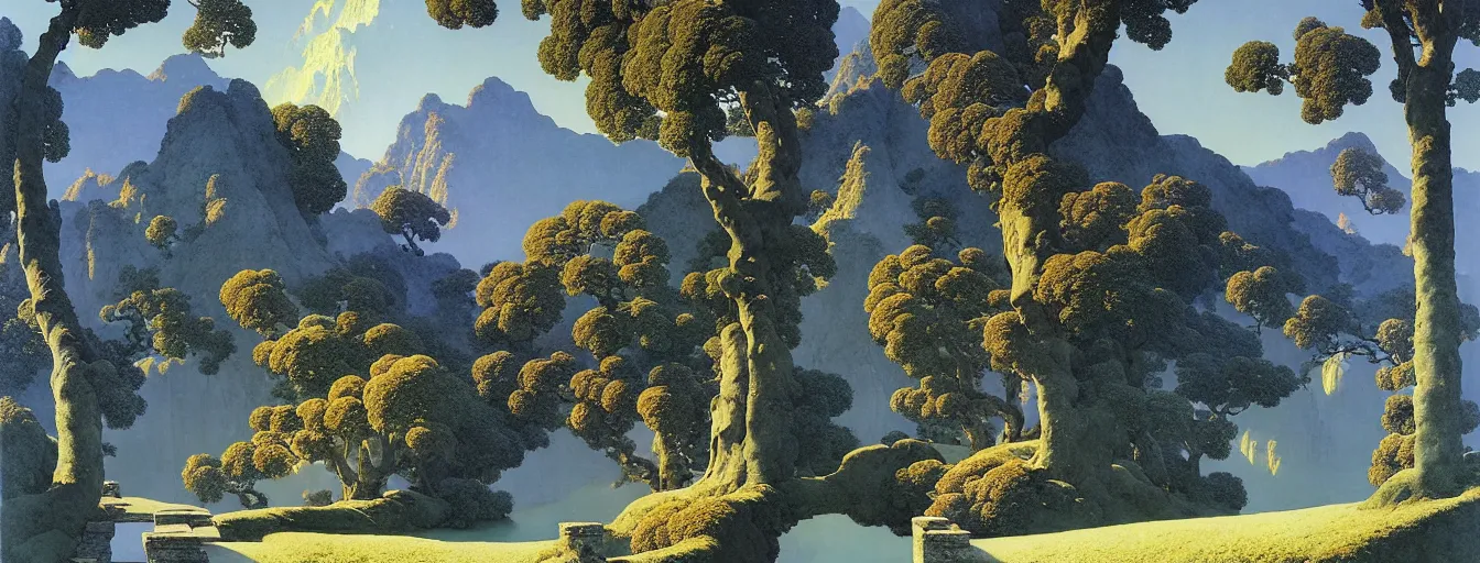 Image similar to a gorgeous very early spring landscape painting by barlowe wayne maxfield parrish and marco mazzoni. tree no leaf!!!! china mountain village!! grey blue and very little light verdancy. the winding stone steps. ultra clear detailed. 3 d, octane render. turbulent blood lake.