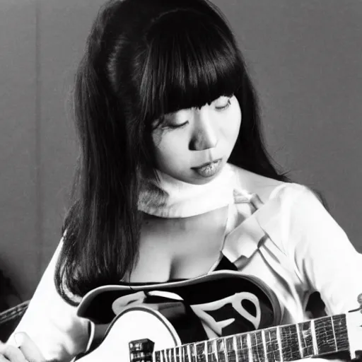 Prompt: a black and white photograph of a female japanese artist playing a gibson sg, 1 9 7 0 s