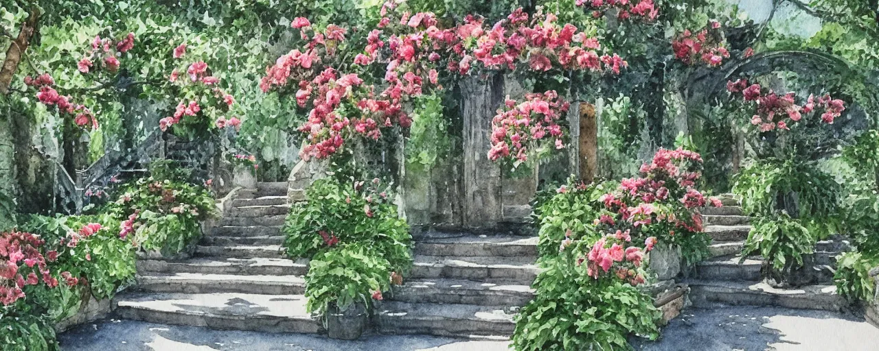 Prompt: isomeric view, stairway, chairs, delicate water in a botanic garden, garden road, sparrows, temple in a botanical herbarium paper, watercolor colored painting, iridescent colors, 8 k, realistic shaded, fine details, artstation, italian style, colonnade, huge flowers, architecture