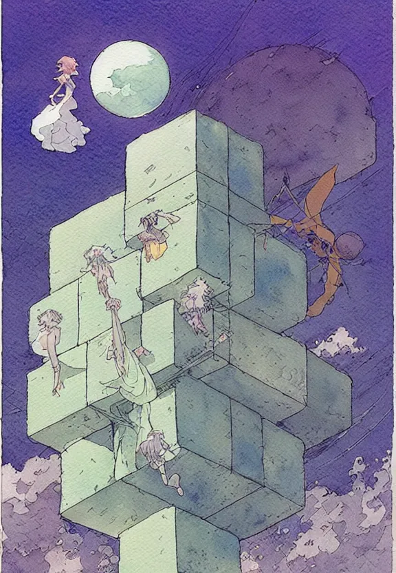 Prompt: a simple watercolor fantasy concept art of a giant sc - fi grey cube floating in the air. by studio ghibli, rebecca guay, michael kaluta, charles vess