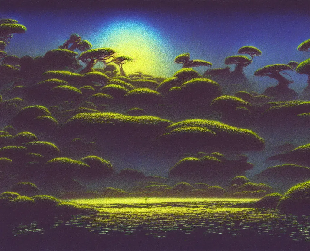 Prompt: a landscape pastel in the style of noriyoshi ohrai and mark tedin of an ancient swamp, night time. key art. 4 k retrofuturistic fantasy