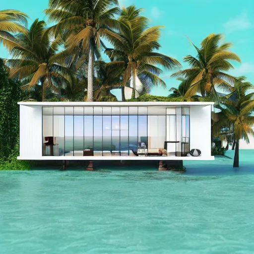 Image similar to “ a realistic model of a house floating on the beach of miami, 8 k render designed by norman foster ”