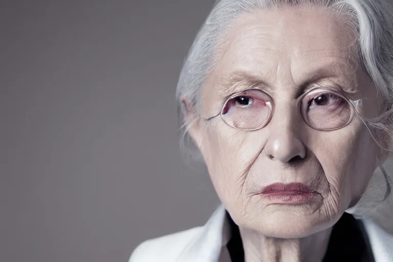 Image similar to a realistic studio cinematic headshot portrait of a beautiful old woman, wearing futuristic white suit, ceo, 4 k, ultra realistic, dramatic lighting, vogue, fashion, by annie leibovitz