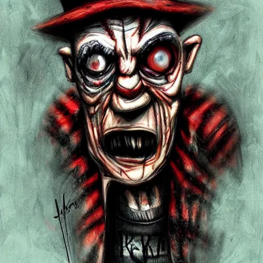 Image similar to surrealism grunge cartoon portrait sketch of Freddy Krueger, by michael karcz, loony toons style, freddy krueger style, horror theme, detailed, elegant, intricate