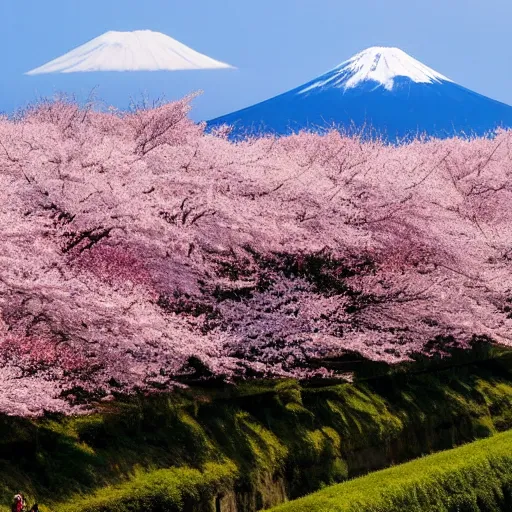 Prompt: a field of cherry blossom trees and a Mt. Fuji erupting in the distance