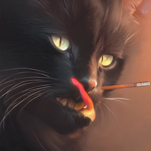 Prompt: a portrait of a black cat smoking a cigarette, fantasy, intricate, cinematic lighting, highly detailed, digital painting, artstation, concept art, smooth, sharp focus, illustration, art by Artgerm and Greg Rutkowski and Alphonse Mucha