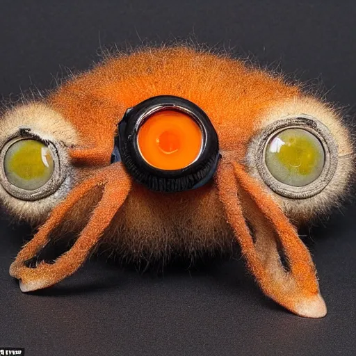 Prompt: a dusty dry taxidermy of a real - life orange, glass eyeballs, false teeth,