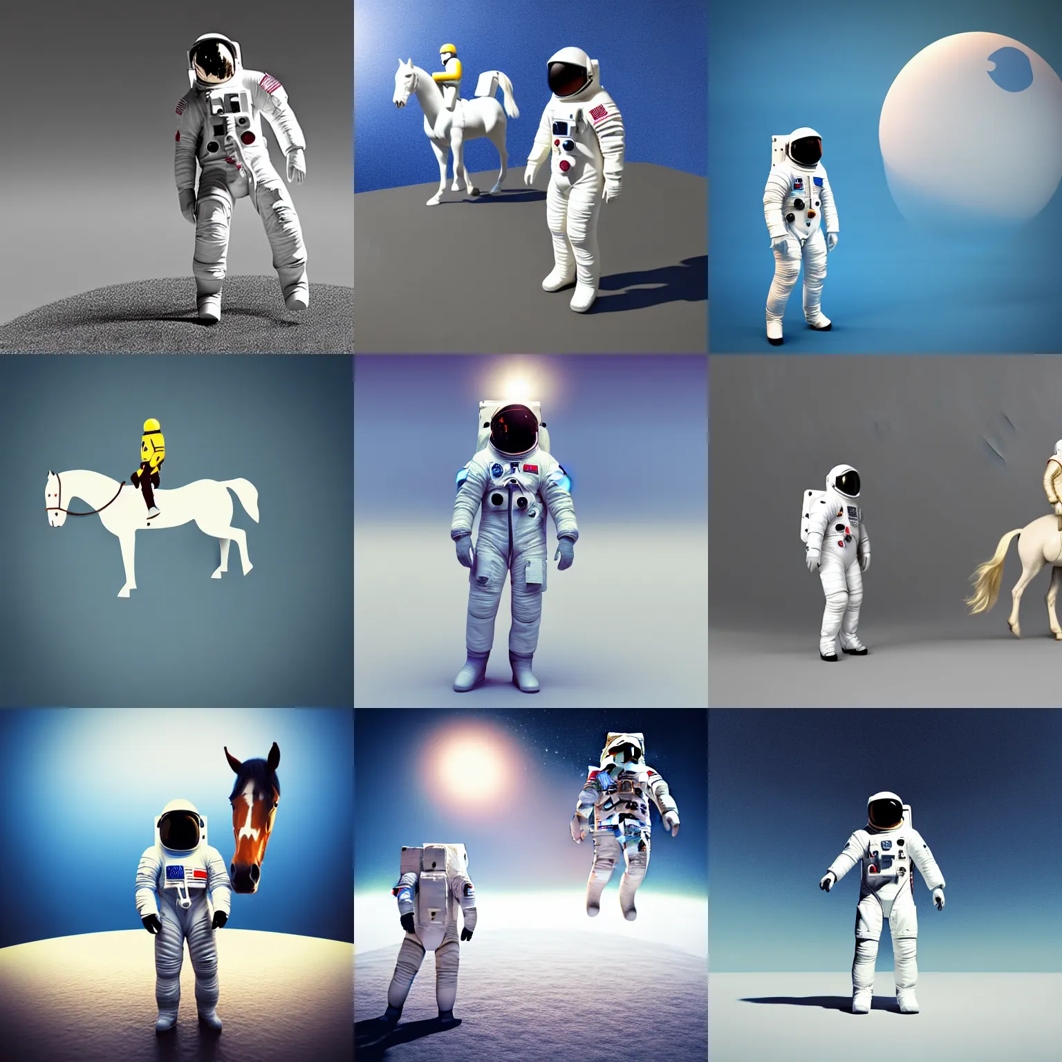 Prompt: an astronaut standing on the ground and a horse horse horse horse floating right above the human, exactly above him minimalist style, 3 d render.