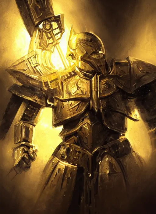 Image similar to dynamic attack position abstract portrait of a intricate glorious holy mechanical warforged character in yellow armor holding a paladin engraved great longsword drawn and carrying a big paladin shield, floodlight in middle of face , face in focus, epic , trending on ArtStation, masterpiece, cinematic lighting, by Ross Tran and by Greg Rutkowski