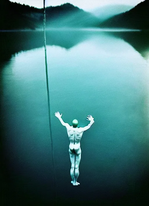 Image similar to “pepe the frog vertically hovering above misty lake waters in jesus christ pose, low angle, long cinematic shot by Andrei Tarkovsky, paranormal, eerie, mystical”