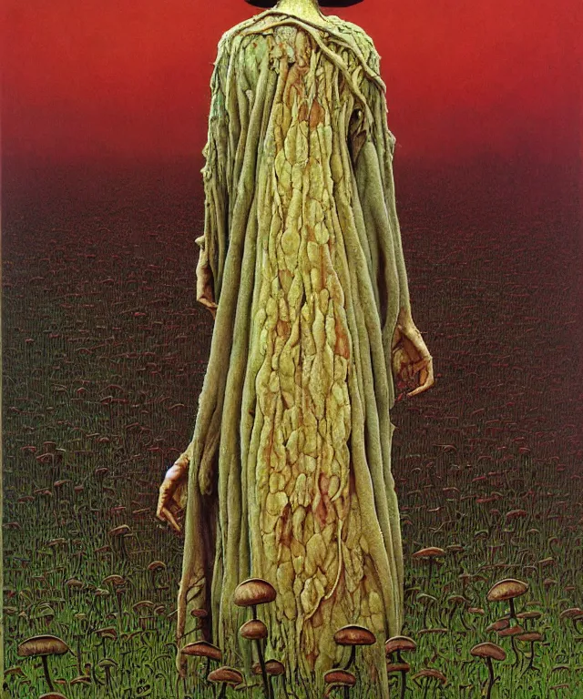 Image similar to A detailed funguswoman stands among the mushroom fields. Wearing a ripped mantle, robe. Perfect faces, extremely high details, realistic, fantasy art, solo, masterpiece, art by Zdzisław Beksiński, Norman Rockwell, Dariusz Zawadzki
