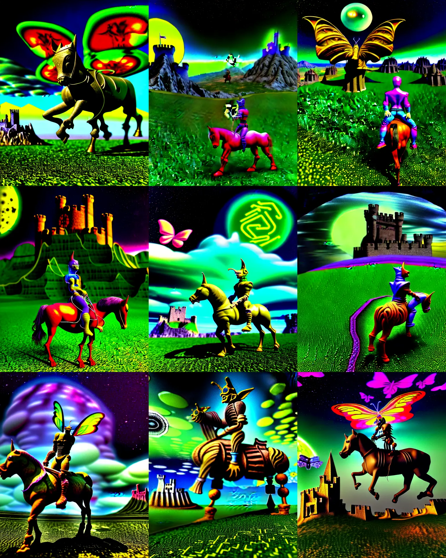 Prompt: 3 d render of cyborg goblin riding a horse standing in cybernetic mountain landscape with castle ruins against a psychedelic surreal background with 3 d butterflies and 3 d flowers n the style of 1 9 9 0's cg graphics against the cloudy night sky, lsd dream emulator psx, 3 d rendered 3 do magazine, medium close shot