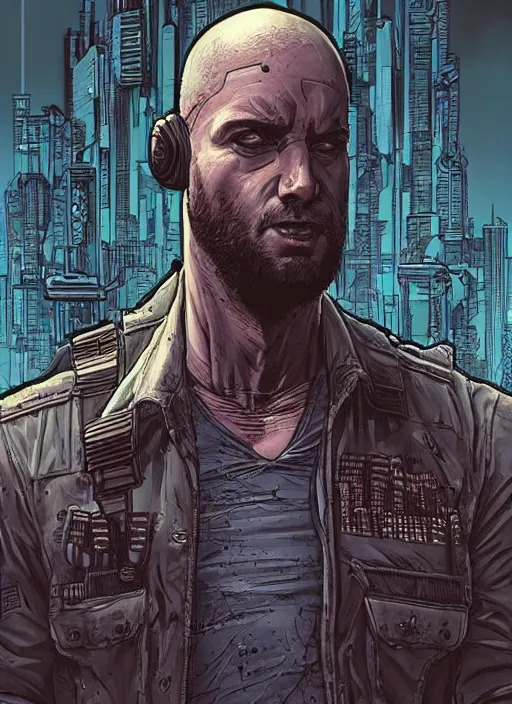 Image similar to Dumb Bubba. Buff cyberpunk meathead looking scared. Realistic Proportions. Concept art by James Gurney and Laurie Greasley. Moody Industrial skyline. ArtstationHQ. Creative character design for cyberpunk 2077.