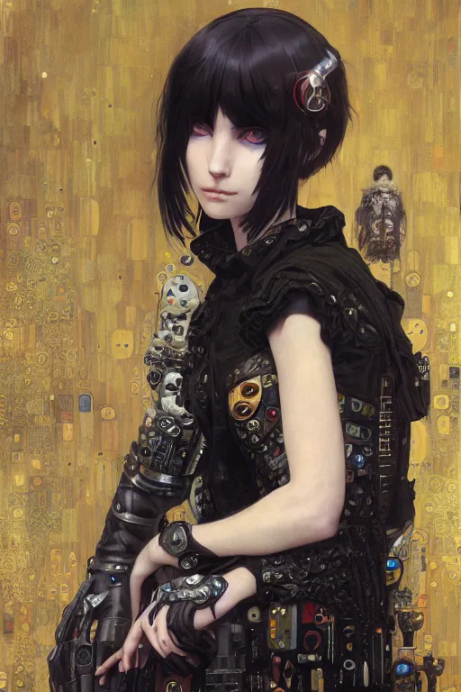 Image similar to portrait of beautiful young gothic maiden, cyberpunk, Warhammer, highly detailed, artstation, illustration, art by Gustav Klimt and Range Murata and Ilya Kuvshinov