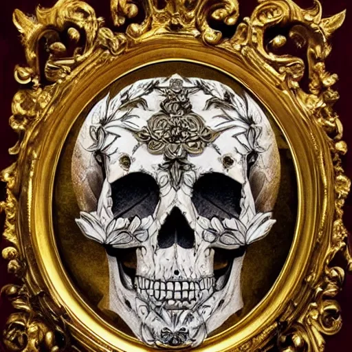 Image similar to a beautiful portrait of a ornate and intricate rococo skull