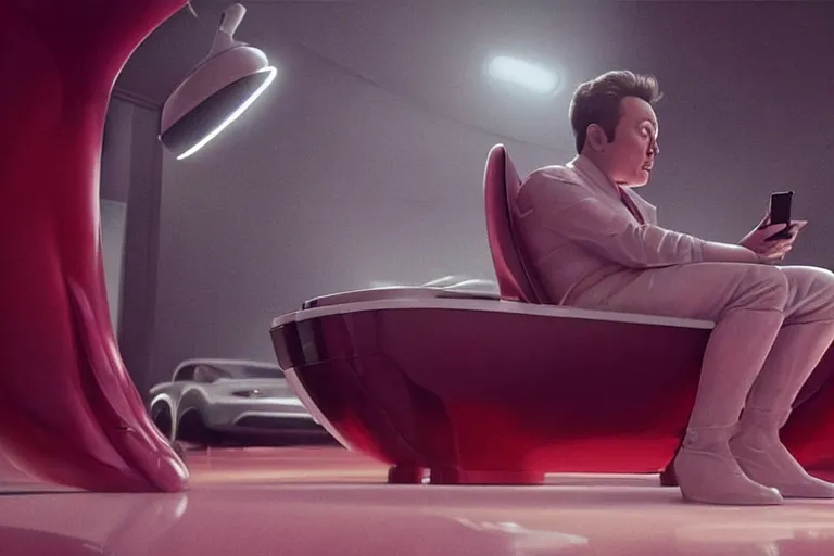 Image similar to hyperrealism aesthetic ridley scott and denis villeneuve style photography of a detailed giant elon musk, siting on a detailed ultra huge toilet and scrolling his smartphone in hyperrealism scene from detailed art house movie in style of alejandro jodorowsky and wes anderson