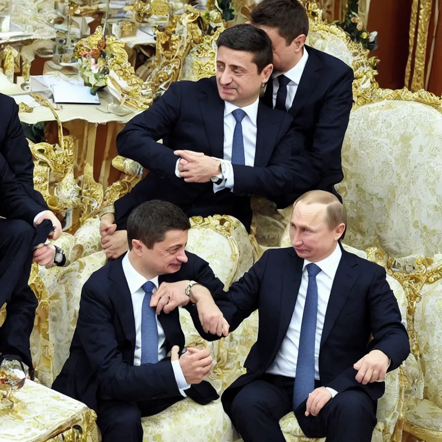 Prompt: “Putin and zelensky making out”
