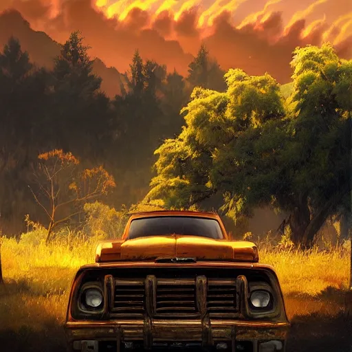 Prompt: low angle shot of tree growing inside scrap car in the foreground. overgrown. soft golden red sunset over the mountains in the background. clouds. detailed leaves. hyperrealistic, highly detailed, cinematic, beautiful, cgsociety, artstation, oil painting by greg rutkowski, by artgerm, by wlop