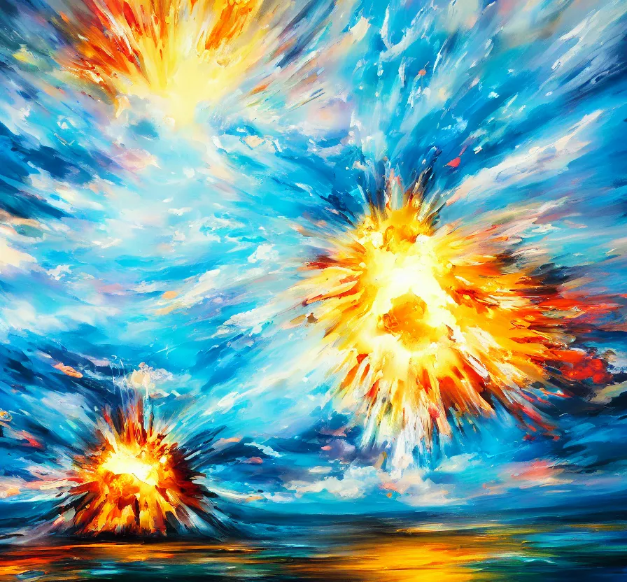 Image similar to nuclear explosion, abstract, acrilic paint, brush paint, heavenly atmosphere, paint, ultra detailed, beautiful image, resolution, artstation