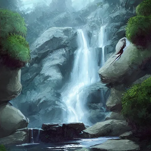Prompt: slender dragon relaxing by a waterfall, digital painting, artstation, art by Jaime Jones
