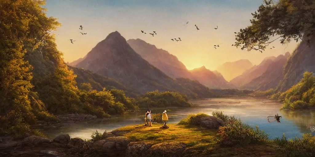 Prompt: A majestic landscape featuring a river, mountains and a forest. A group of birds is flying in the sky. There is an old man with a dog standing next to him. The man is wearing a backpack. They are both staring at the sunset. Cinematic, very beautiful, painting in the style of Winnie the pooh