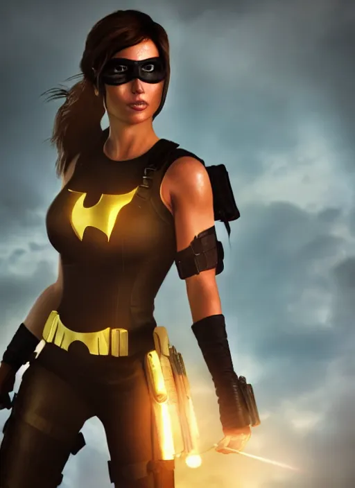 Image similar to a film still of lara croft as batgirl, her sweat, sun light, close up potrait, cinematic,