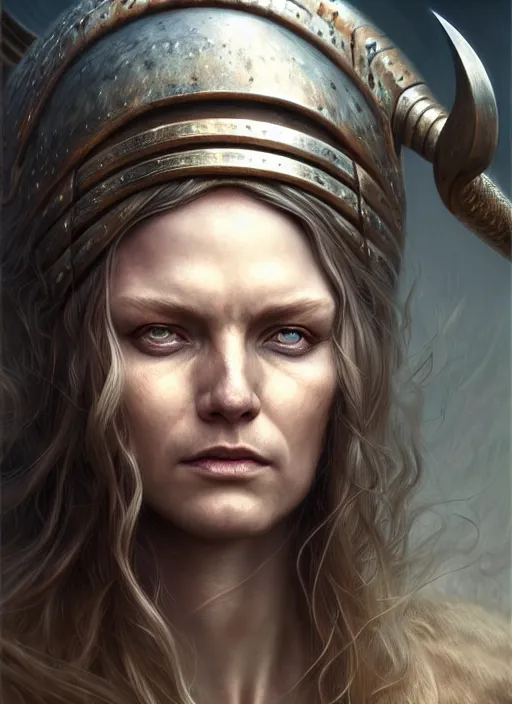 Image similar to closeup portrait shot of a female viking in a scenic dystopian environment, intricate, elegant, highly detailed, centered, digital painting, artstation, concept art, smooth, sharp focus, illustration, artgerm, tomasz alen kopera, peter mohrbacher, donato giancola, joseph christian leyendecker, wlop, boris vallejo