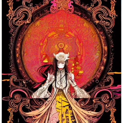 Image similar to jisoo + blackpink + elements + red + gold + neon + baroque + rococo + white + orange + ink + tarot card, ornate + by marc simonetti, paul pope, peter mohrbacher, detailed, intricate ink illustration + damask + award winning + 8 k