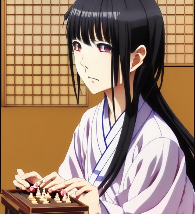 Image similar to anime visual, portrait of a japanese woman in traditional clothes outside a temple playing shogi, cute face by ilya kuvshinov, yoshinari yoh, makoto shinkai, katsura masakazu, dynamic perspective pose, detailed facial features, kyoani, rounded eyes, crisp and sharp, cel shad, anime poster, ambient light