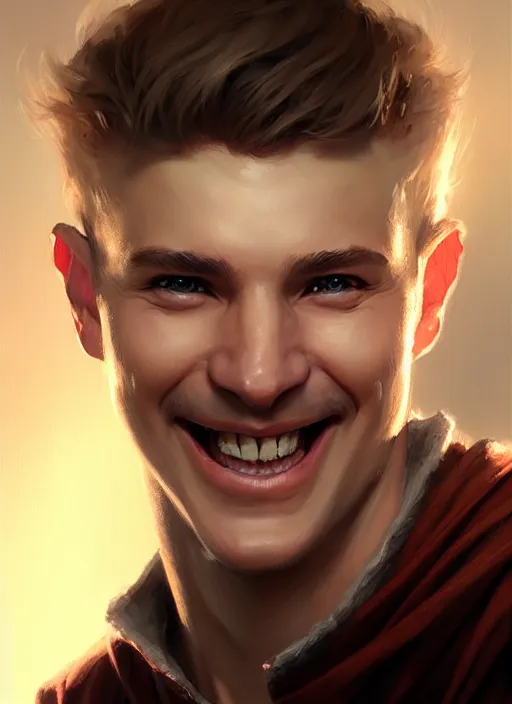 Image similar to a _ fantasy _ style _ portrait _ painting _ of white male short fringe light brown hair short face grinning, rpg dnd oil _ painting _ unreal _ 5 _ daz. _ rpg _ portrait _ extremely _ detailed _ artgerm _ greg _ rutkowski _ greg