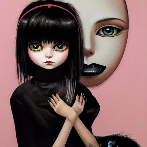 Prompt: a painting of an emo goth mexican woman with long dark hair thick eyebrows dark eyes and dark circles wide nose big eyes oval face shape big cheeks, holding her tabby cat, a photorealistic painting by tran nguyen and ilya kuvshinov, featured on deviantart, gothic art, goth, gothic, detailed painting