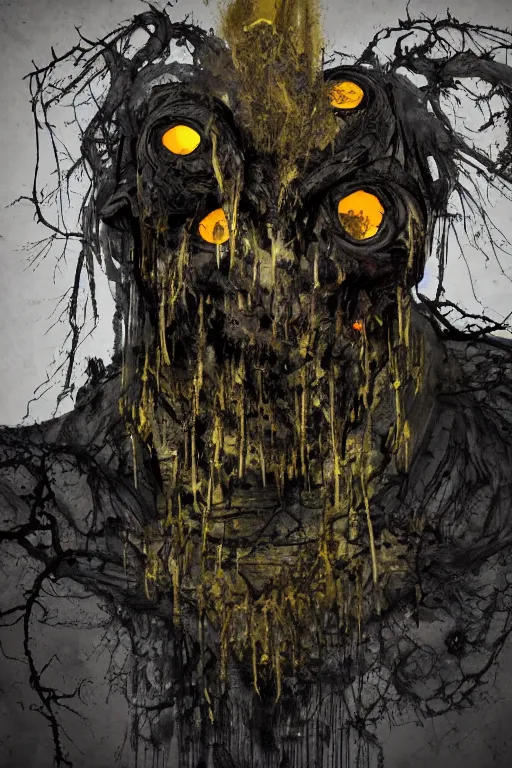 Prompt: portrait of the god of decay and rot, character design, scary, radiating with power, glowing yellow eyes, whirling death, disgusting, dripping, oily, decomposition, ghostly mist, scary, unreal engine, photorealistic