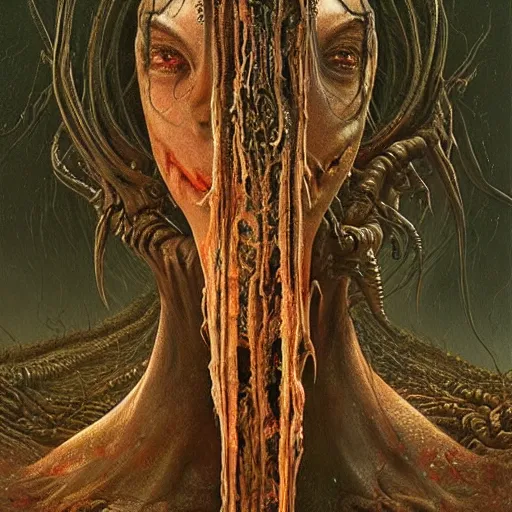 Image similar to Anne hathaway, eldritch terror, cosmic horror, ultra realistic, highly detailed, HD, sharp focus, cinematic lighting, realistic, art by HR Giger, art by Zdzislaw Beksinski