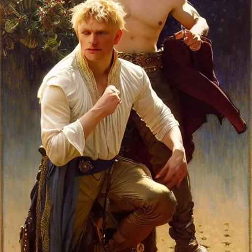 Image similar to manly arthur pendragon and manly merlin. focus on their faces. natural lighting. highly detailed painting by gaston bussiere, j. c. leyendecker, alphonse mucha, greg rutkowski, 8 k