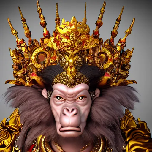 Image similar to monkey king godly lord of monkeys, wearing a crown, holding a staff, sitting in throne 8 k render high detail dark demon gothic style