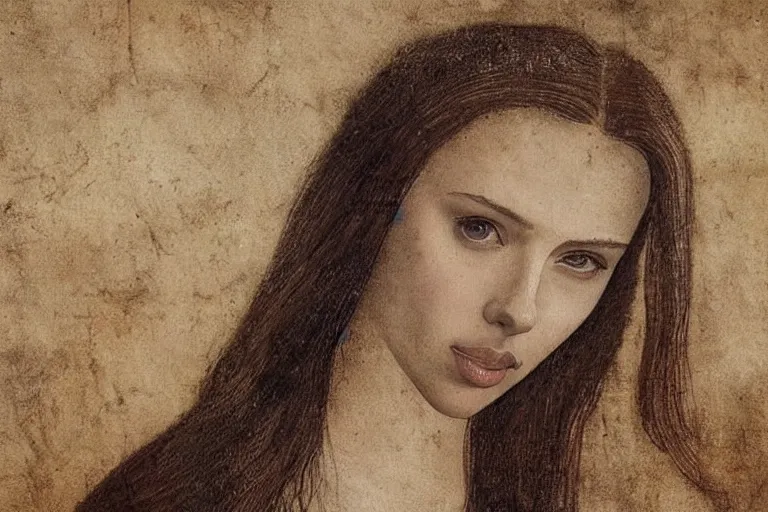 Image similar to a beautiful portrait of scarlett johansson painted by leonardo da vinci