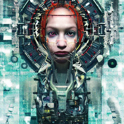 Image similar to space station on the moon, piles of modular synth cables mixed with mangrove roots, kawaii puerto rican goddess staring through your soul wearing a headpiece made of circuit boards, by cameron gray, wlop, stanley kubrick, masamune, hideki anno, jamie hewlett, unique perspective, trending on artstation, cinematic, 3 d render, vivid
