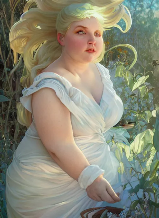 Image similar to a chubby white woman with pointed ears, wearing a white sundress, rainbow pastel clouds for hair, realistic painting by ross tran and gerald brom and alphonse mucha, artgerm, trending on artstation