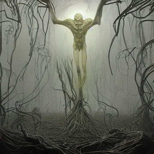 Image similar to demonic ritual, neon, they are watching, RGB, glowing wires everywhere, rods, pristine, by Juni ito, Ross Tran, Zdzisław Beksiński, and Michael Whelan, distant, gustav dore, H.R. Giger, 8k, octane render