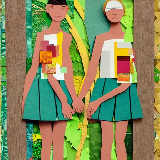 Image similar to paper collage art made of cut up magazines depicting two women holding hands in a forest during summer