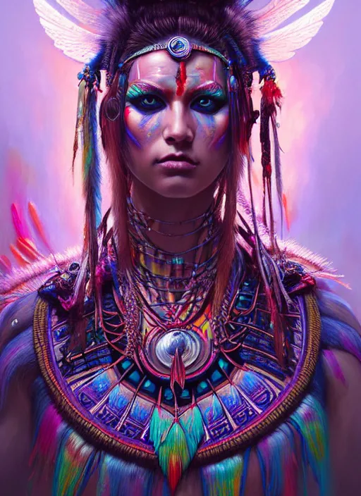 Image similar to hyper detailed ultra sharp cherokee shaman warrior trance girl. trending on artstation, warpaint aesthetic, bloodwave, colorful, psychedelic, ornate, intricate, digital painting, concept art, smooth, sharp focus, illustration, art by artgerm and greg rutkowski and h. r. giger, 8 k