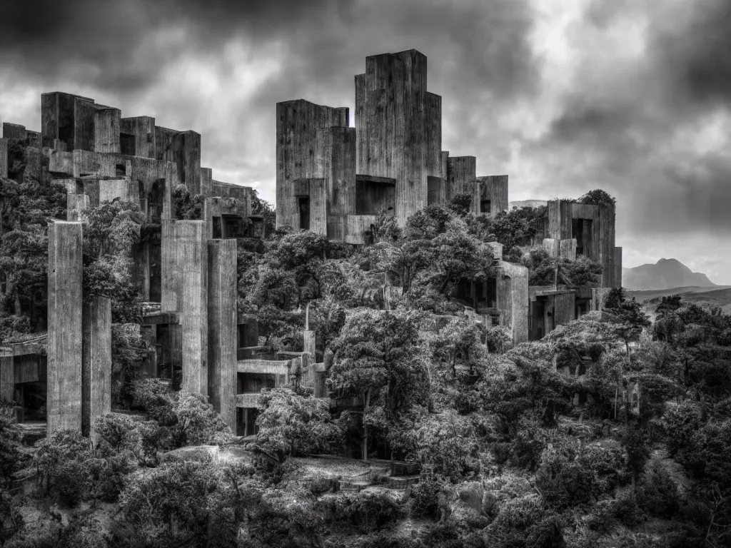 Prompt: photo of a brutalist cathedral built over a rocky hill, in the middle of a storm. realistic clouds. impressive, magical, very atmospheric, cinematic, deep, very high complexity, stunning, dramatic masterpiece, chiaroscuro, romantic, very detailed. 4 k