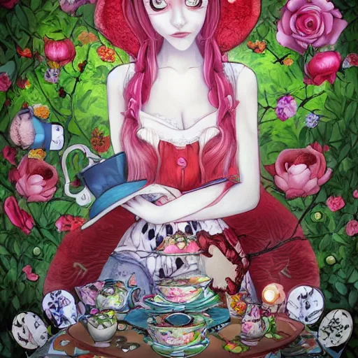 Image similar to Alice in Wonderland at the tea party with Mad Hatter, surrounded by red and white roses, bioluminescent fungi and gnarled trees, digital illustration, inspired by Aeon Flux, Japanese shoujo manga, pre-raphaelite, Takashi murakami, hyper detailed, phantasmagoric, muted and pastel shades, image composition by Möbius, extremely fine linework