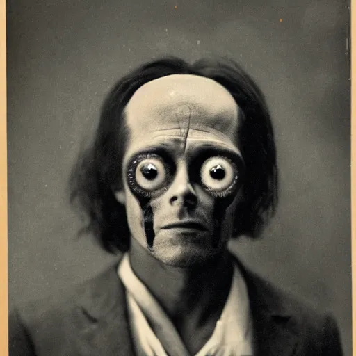 Image similar to photo of a man with three eyes with a third eyeball on forehead