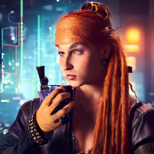 Prompt: a high quality portrait of a beautiful female pirate in a cyberpunk cafe realism 8k